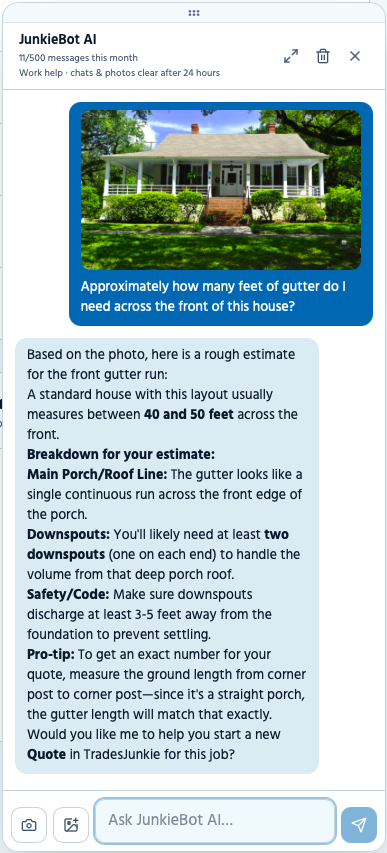 JunkieBot estimating gutter length from a house photo