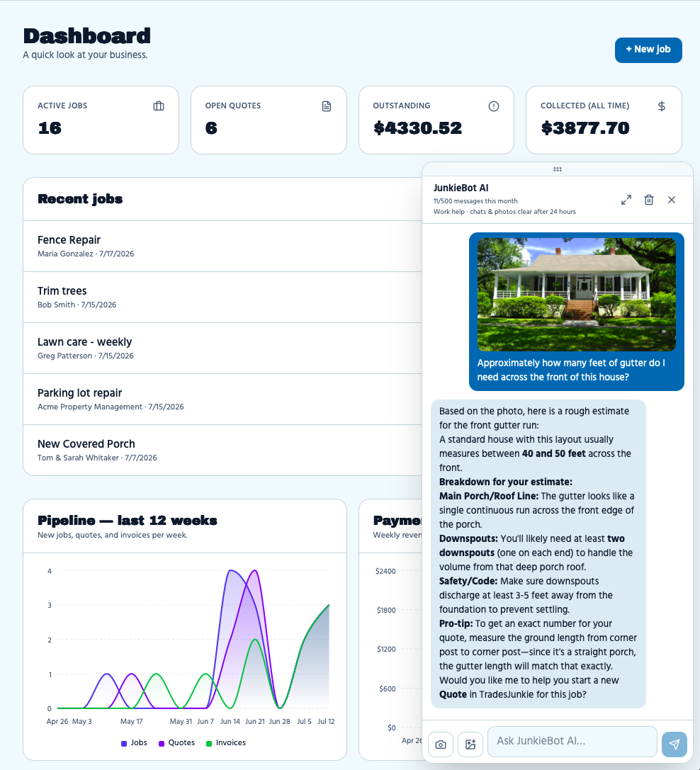Dashboard with JunkieBot AI open on a gutter question