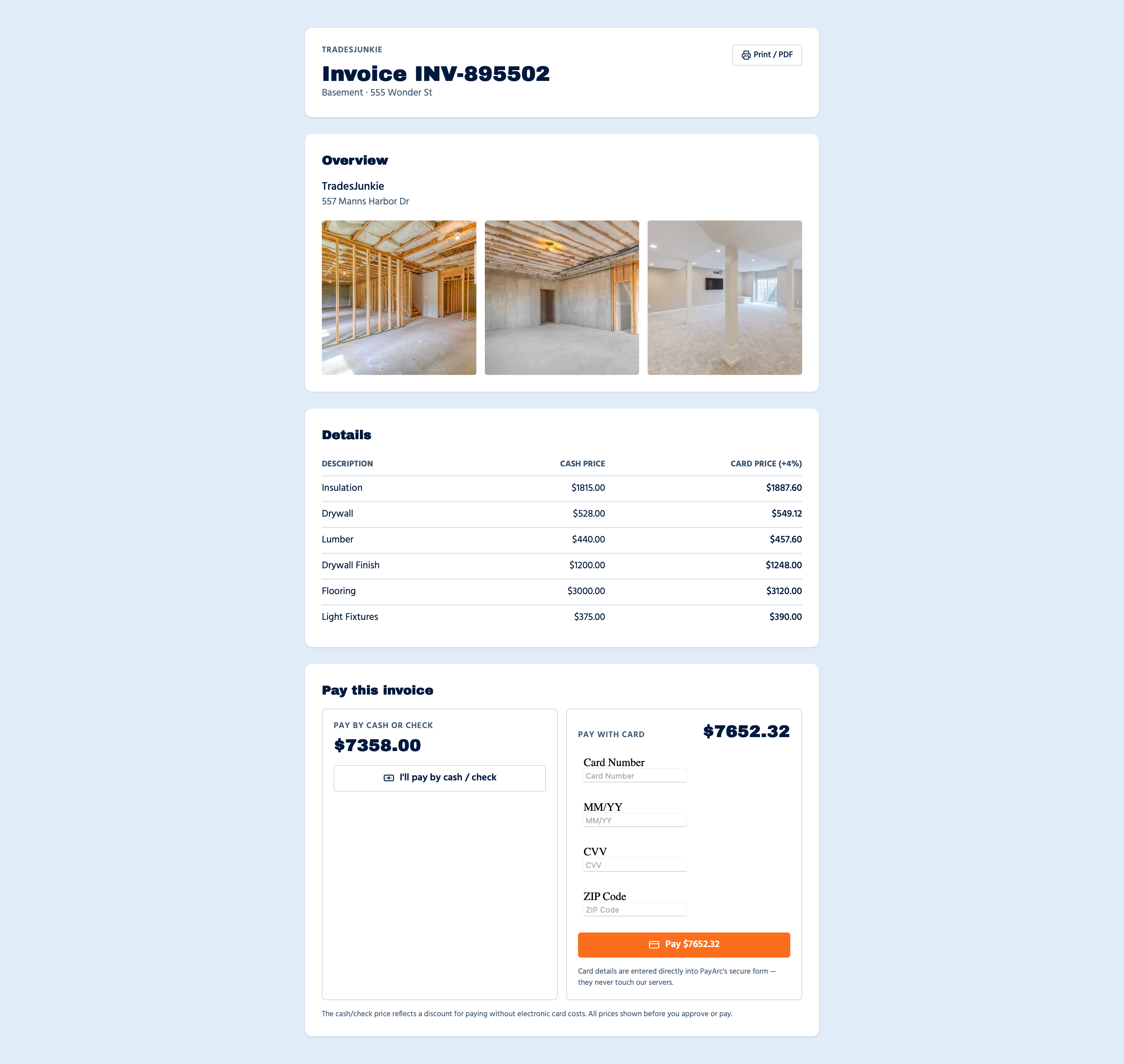 Customer invoice with online payment