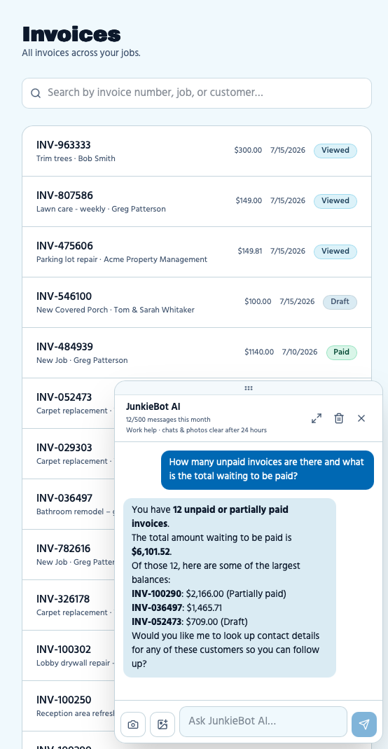 JunkieBot summarizing unpaid invoice totals