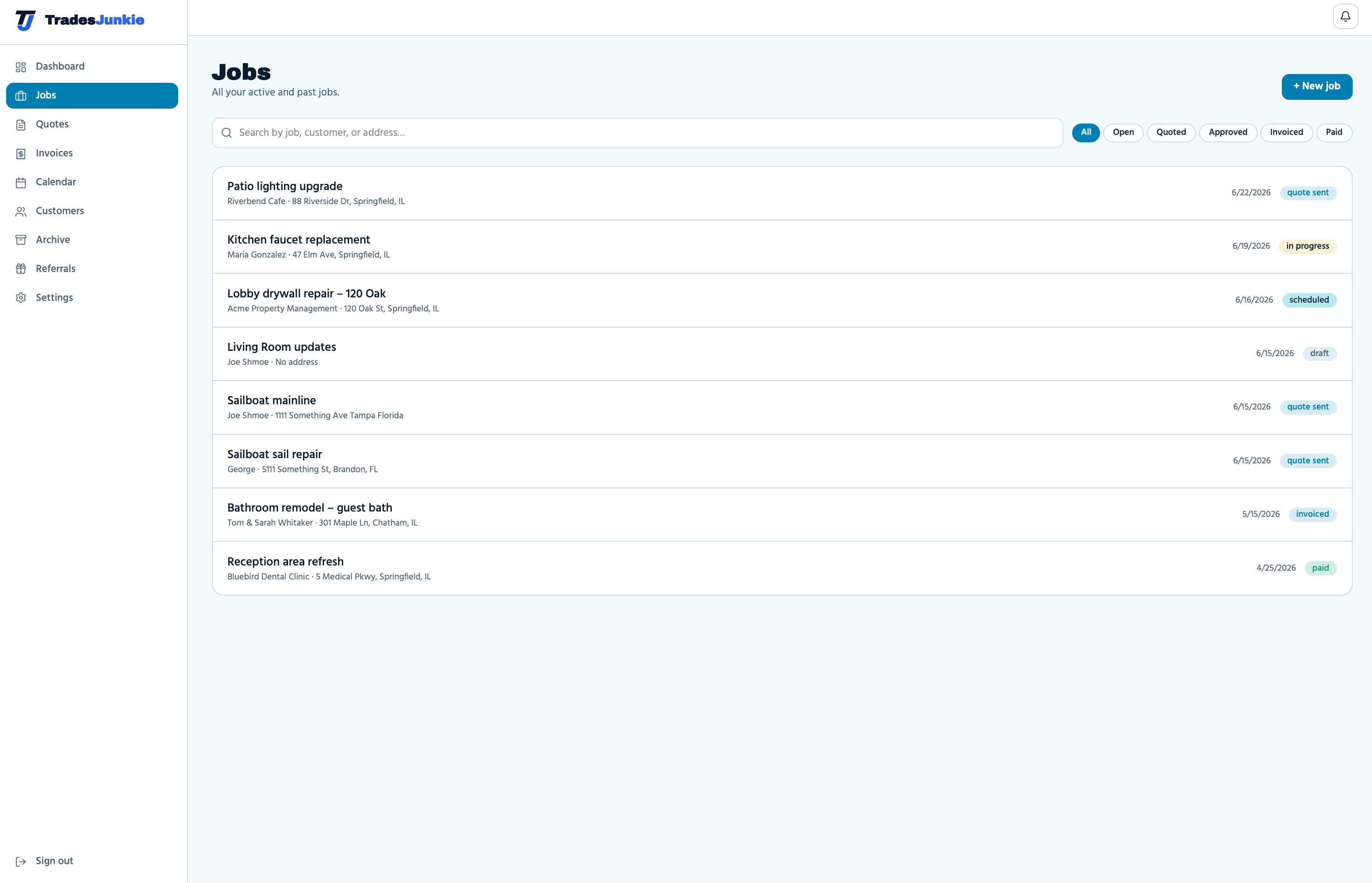 Jobs pipeline with status filters