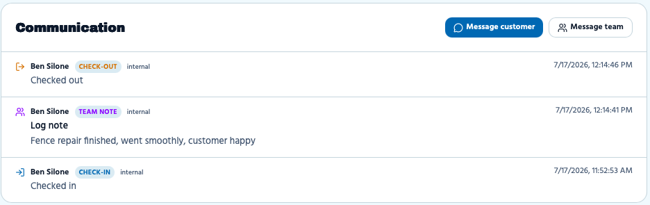 Job communication with check-in, team notes, and check-out